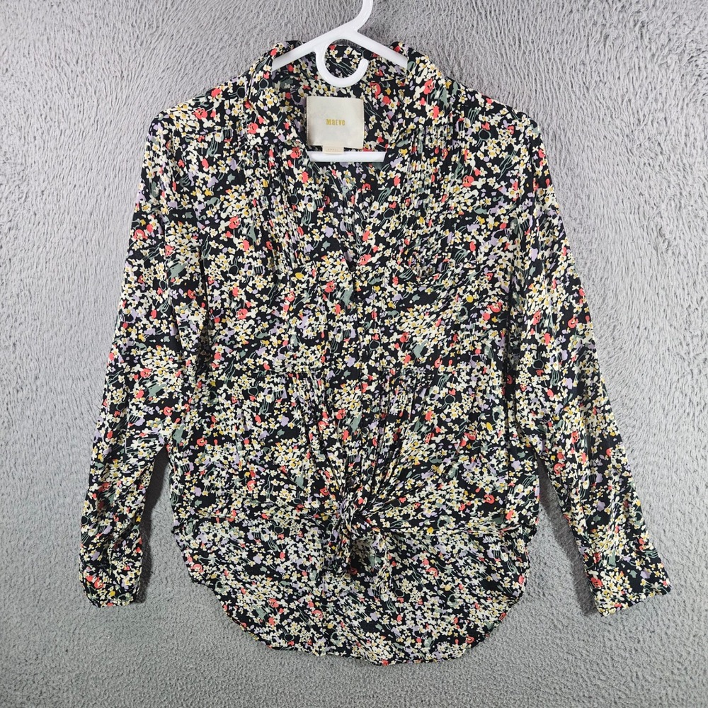 Maeve Anthropologie Floral Tie Front Button Down Blouse Black‎ Multi Small